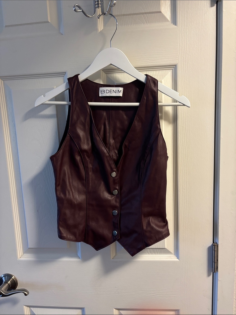 B. Denim Leather Button Vest in Deep Burgundy